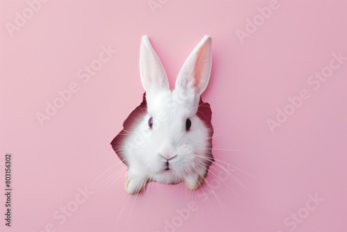 White bunny peaking from a hole in a pink monochromatic background. Generative AI © Anthony Paz