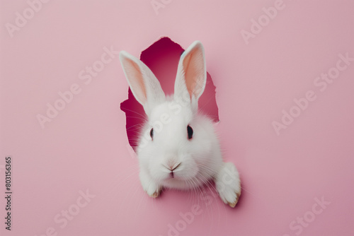 White bunny peaking from a hole in a pink monochromatic background. Generative AI © Anthony Paz