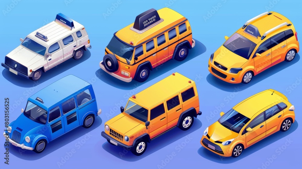 An illustration of a mini van with a roof, a taxi, a cabriolet, and a small car. Modern banner with illustrations of a minibus, luxury auto without a roof, a yellow taxi and a compact car. An illustration of a mini van with a roof, a taxi, a cabriolet, and a small car. Modern banner with illustrations of a minibus, luxury auto without a roof, a yellow taxi and a compact car.