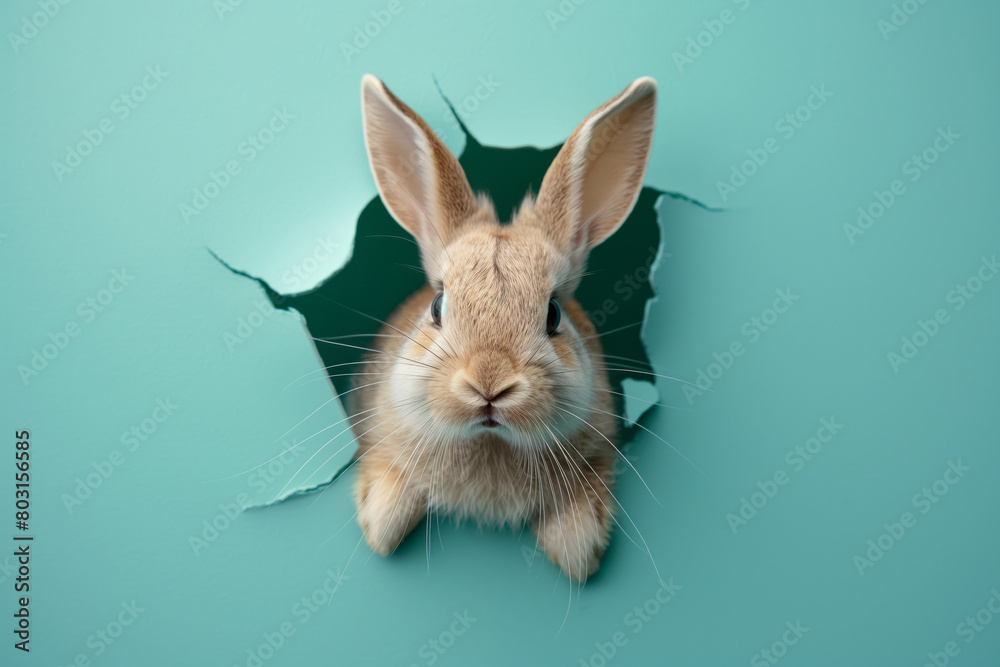 Cute easter bunny poster peeking out of a hole in the wall with copy space, rabbit jumps out of a torn hole. Generative AI