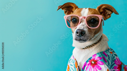 Cool looking dog wearing funky fashion dress , on pastel blue background ©  Mohammad Xte