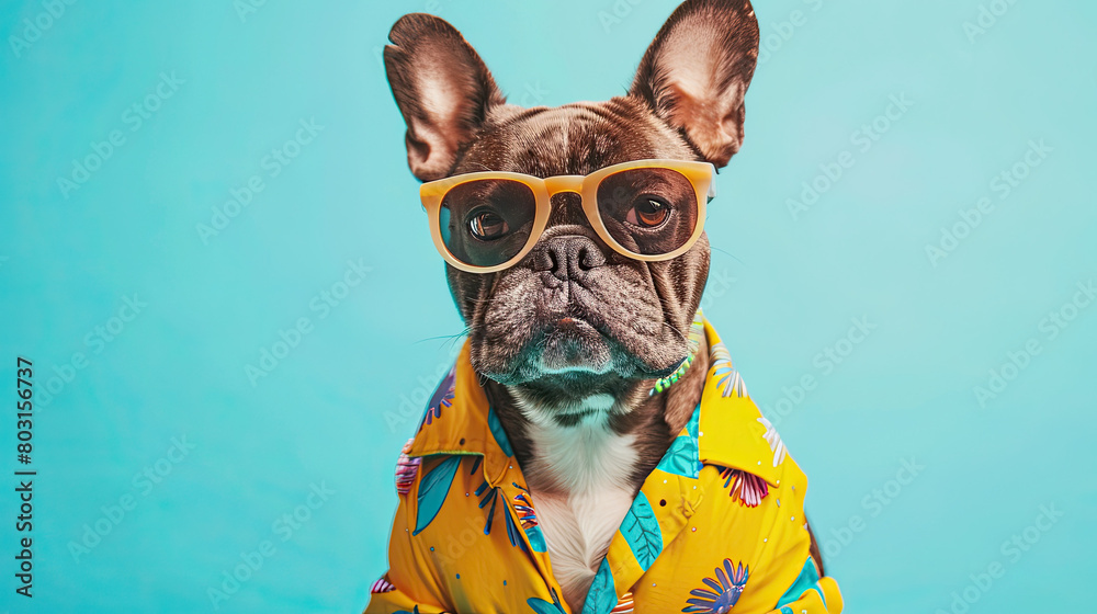 Cool looking dog wearing funky fashion dress , on pastel blue background