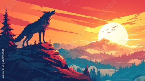 Illustration of an wolf howling in the cliff, afternoon, sunset