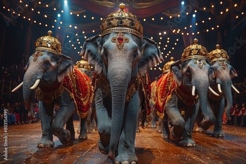 Majestic elephants adorned with rich costumes performing in an enchanting circus show under lights © Dacha AI
