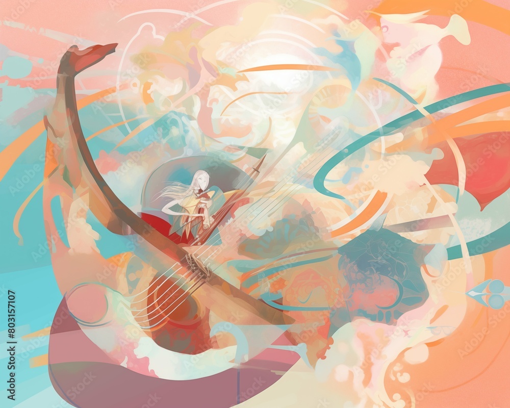 This 2D illustration captures a soft acoustic melody through abstract lines and curves flowing rhythmically in harmonious pastel colors; ideal for serene and aesthetic visual projects This 2D illustration captures a soft acoustic melody through abstract lines and curves flowing rhythmically in harmonious pastel colors; ideal for serene and aesthetic visual projects