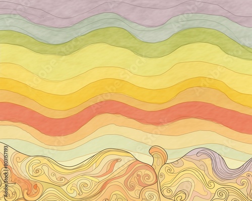 This 2D illustration captures a soft acoustic melody through abstract lines and curves flowing rhythmically in harmonious pastel colors; ideal for serene and aesthetic visual projects