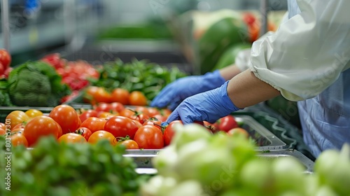 Glove-clad hands sort through a bin of ripe tomatoes at a food processing plant
