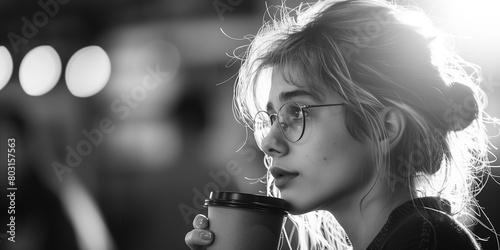 Black and white portrait of a young lady drinking coffee on a coffee break