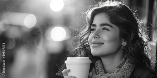 Black and white portrait of a young lady drinking coffee on a coffee break