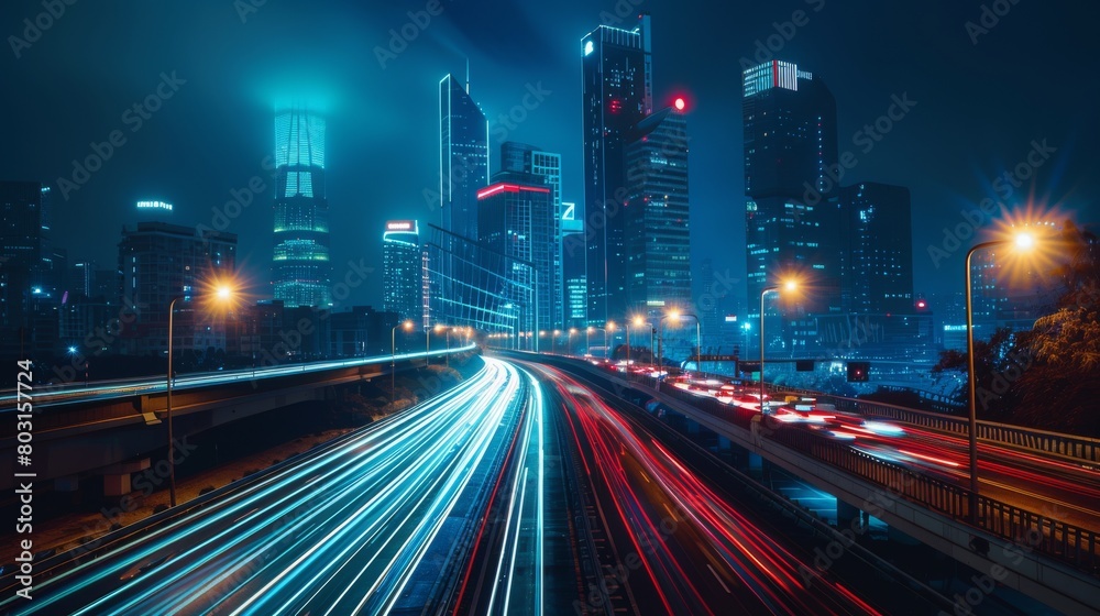 Futuristic cityscape at night with neon lights and animated advertisements