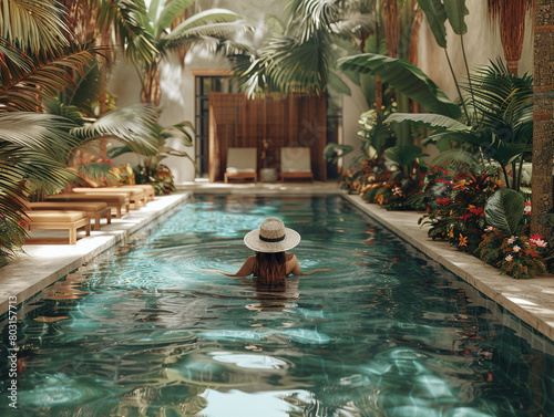 A woman in a straw hat is swimming in a pool surrounded by lush tropical plants.