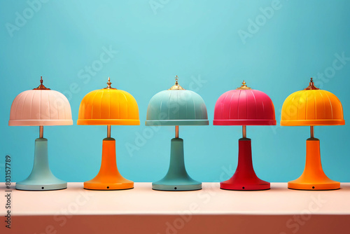 Retro style colorful table lamps isolated on a teal background. Front facing mid century lamps in a row