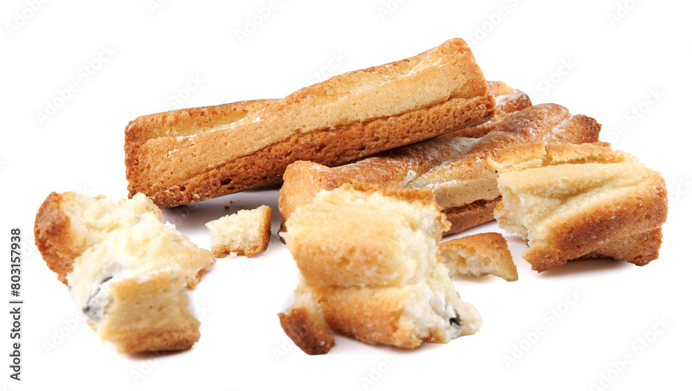 A couple of whole and one crumbled cookies isolated on a white background.