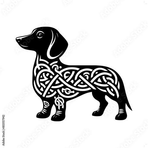 dog; Dachshund silhouette in animal celtic knot, irish, nordic illustration