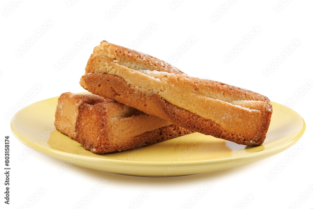 Several delicious crispy cookies lying on a yellow plate isolated on a white background. Several delicious crispy cookies lying on a yellow plate isolated on a white background.