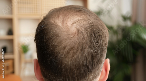 rear view of a balding man's head. A middle-aged man baldness. hair loss problem. pills for alopecia