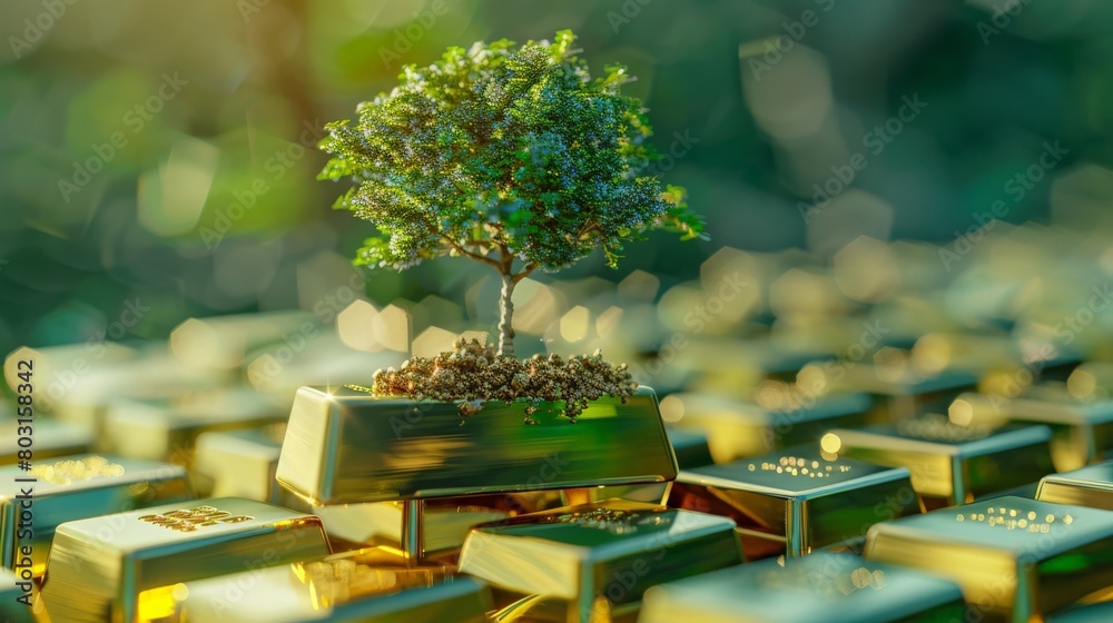 A bonsai tree growing out of a gold bar