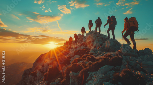 Golden Moments at the Summit: Hikers Reach the Peak with a Sunset Illuminating the Sky