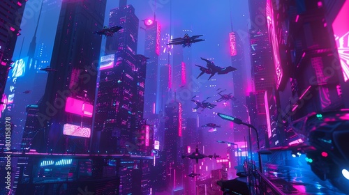 Vibrant cyberpunk cityscape illuminated by neon lights with hovering vehicles