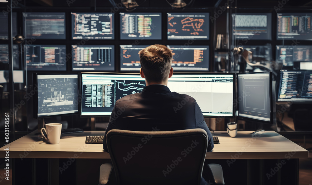 technical operator employee working with multiple computer monitors, displays in system control room technical operator employee working with multiple computer monitors, displays in system control room