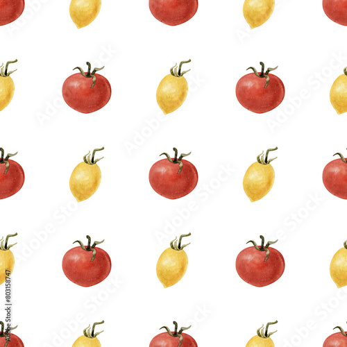 Watercolor vegetables seamless pattern. Fresh healthy food background. Yellow and red tomatoes. Agriculture, local farmers market, diet, organic cooking illustration, print for textile