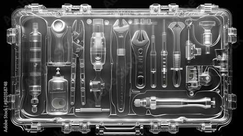 X-ray scan of a toolbox, showcasing the arrangement of tools and compartments. photo