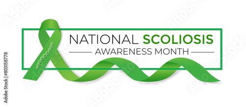 Vector illustration on the theme of National Scoliosis awareness month observed each year in June. Green ribbon with human body design illustration. Banner poster, flyer and background design.
