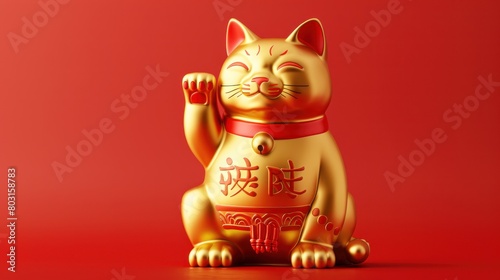 Golden Lucky cat with red background photo