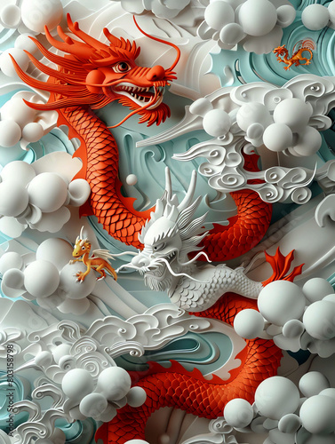 3d Chinese red dragon in cartoon paper cut style festive traditional character concept design