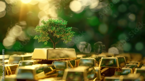 A golden tree growing out of a pile of gold bars.