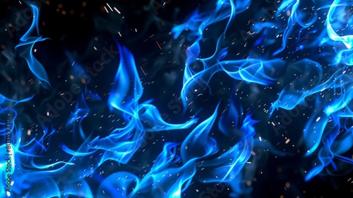 The blue fire sparks overlay effect has a magic glow, luminous flying particles, and realistic 3D modern illustration. Abstract random energy embers in air, flares haze leaks texture, shines, and