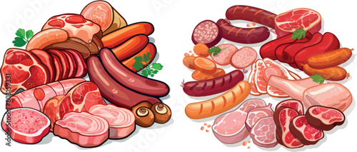 Meat and sausages. Cartoon fresh meat market vector illustration