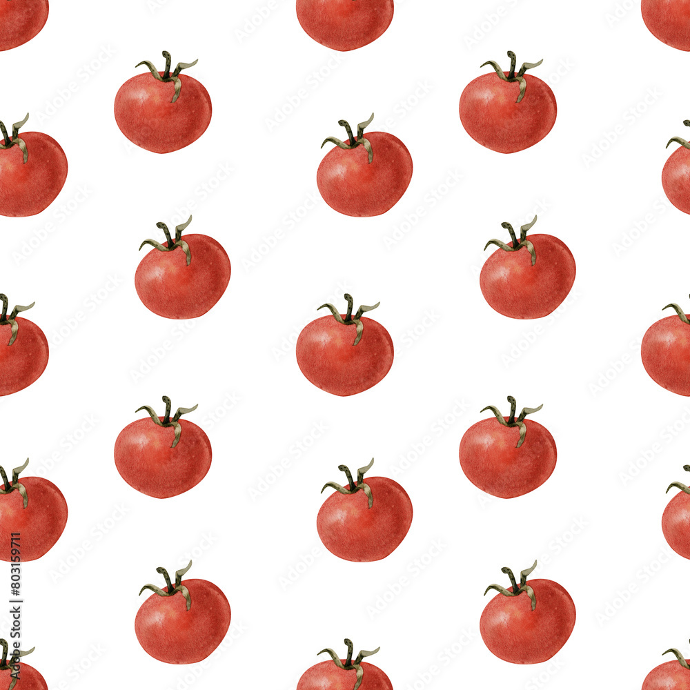 Watercolor vegetables seamless pattern. Fresh healthy food background. Red tomatoes. Agriculture, local farmers market, diet, organic cooking illustration, print for textile