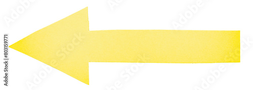 Isolated cut out yellow paper cardboard arrow direction sign with texture and copy space for text on white or transparent background 