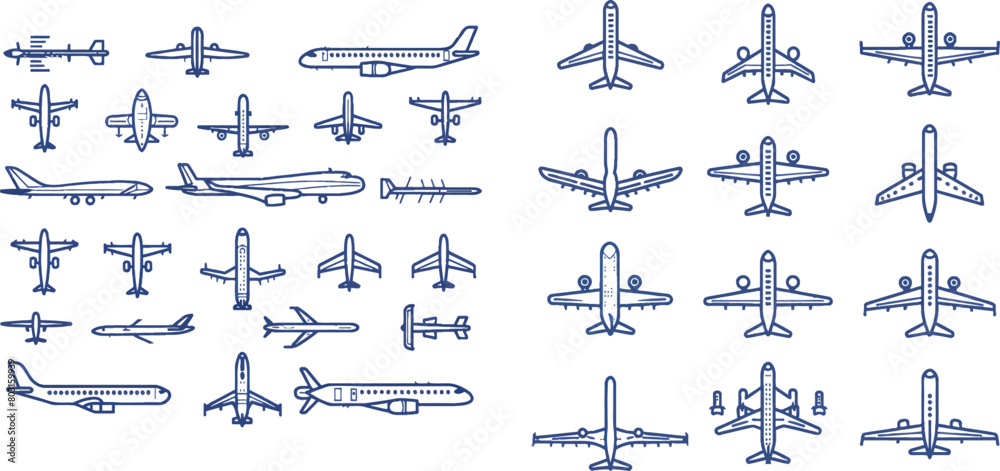 Airplane thin line dark blue icons