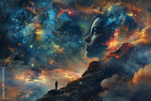 A mystical female form emerges from the cosmic dust  depicting themes of creation  existence  and the universe s grandeur