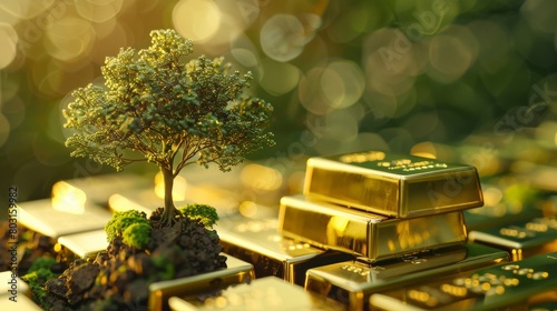 A small tree growing on a pile of gold ingots.