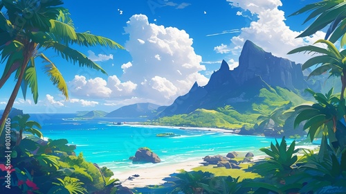 Aerial view of archipelago and sea, cartoon, anime style. 