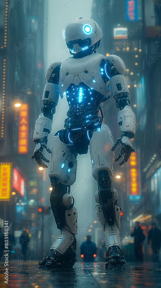 A Robot Stands amidst a Towering futuristic City A Robot Stands amidst a Towering futuristic City