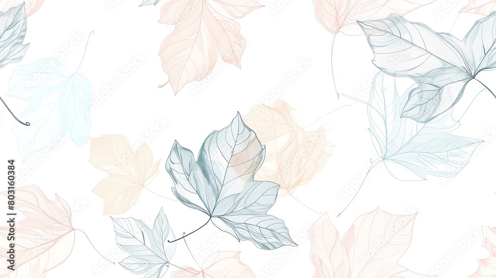 Minimalist seamless pattern abstract background of maple leafe flowing by wind with outline leaves pastel color on white background