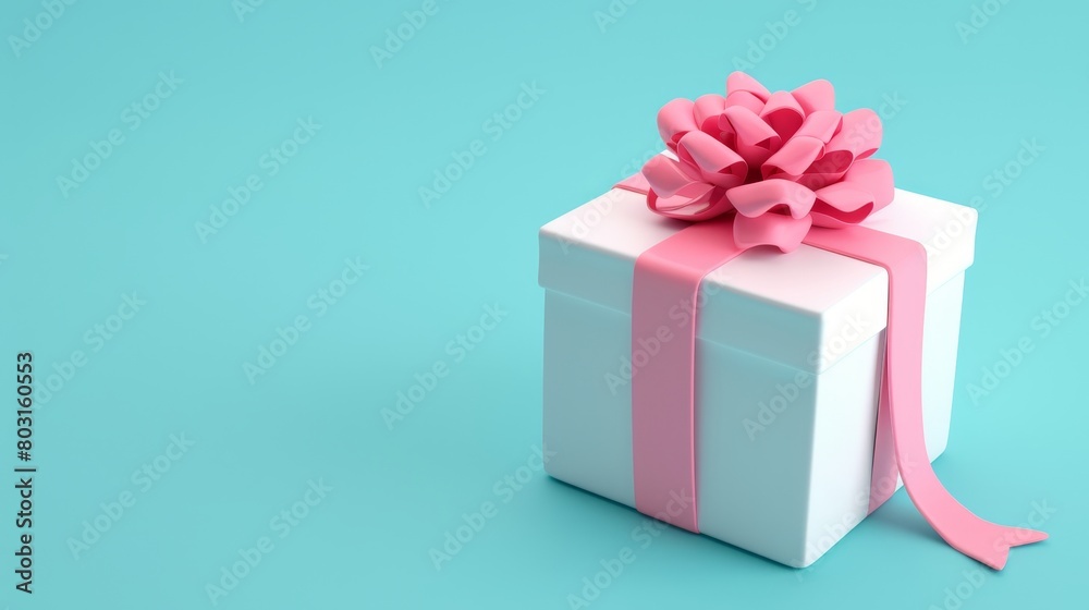 A 3D render of a gift box with a pink ribbon. An isolated white package with an accent of pastel glossy bow in the foreground. Holiday surprise, Christmas gift, wedding present, realistic 3D A 3D render of a gift box with a pink ribbon. An isolated white package with an accent of pastel glossy bow in the foreground. Holiday surprise, Christmas gift, wedding present, realistic 3D