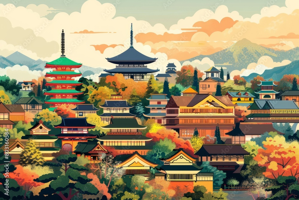 Obraz premium Illustration of Kyoto City with with vibrant colors