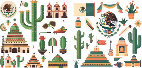 Mexico icons and flag in flat style