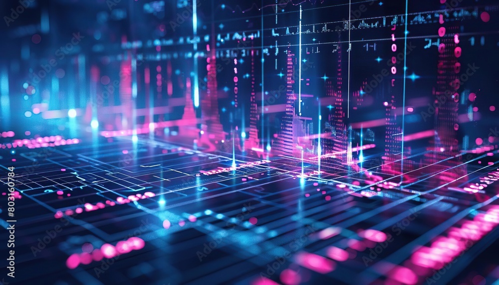 Obraz premium A glowing blue and pink circuit board with binary code raining down.