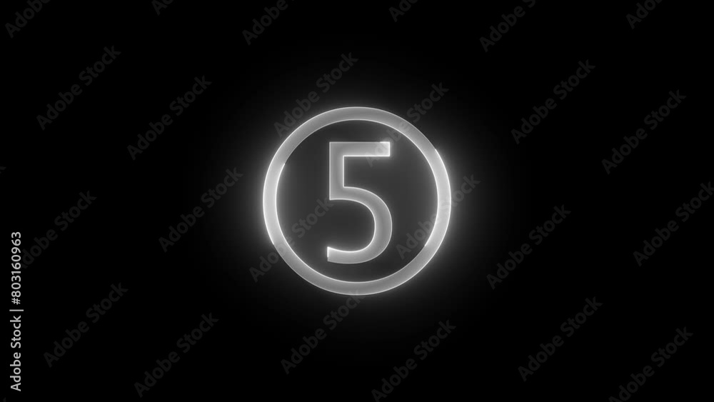 Five number icon glowing neon white color animation black background Five number icon glowing neon white color animation black background