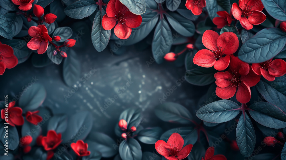 A close up of red flowers with a blue background