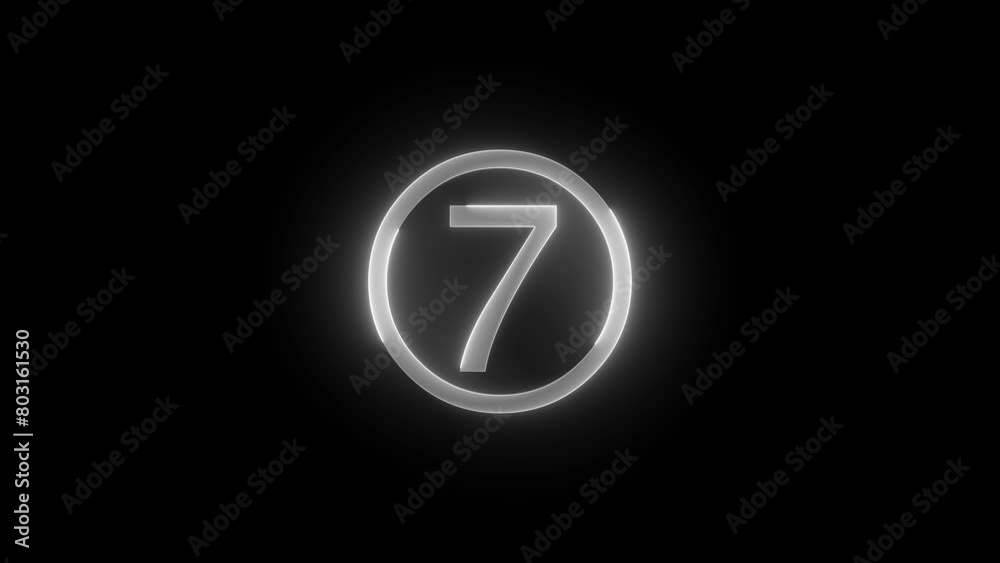 Seven number round circle icon glowing neon white color animation black background Seven number round circle icon glowing neon white color animation black background