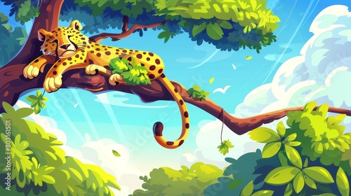 Modern web banner featuring a relaxed cheetah sleeping on a tree branch. Savannah inhabitants life, outdoor zoo tickets, safari park cartoon landing page. © Mark