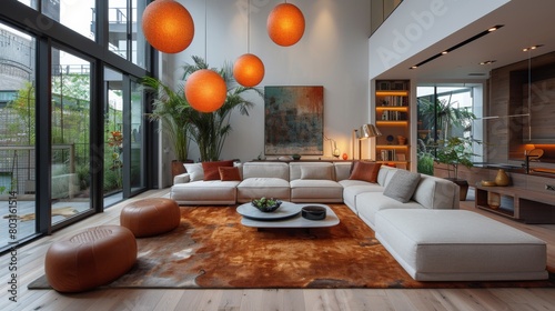 Design a modern living room with a statement lighting fixture, such as a sculptural pendant or a sleek floor lamp. photo