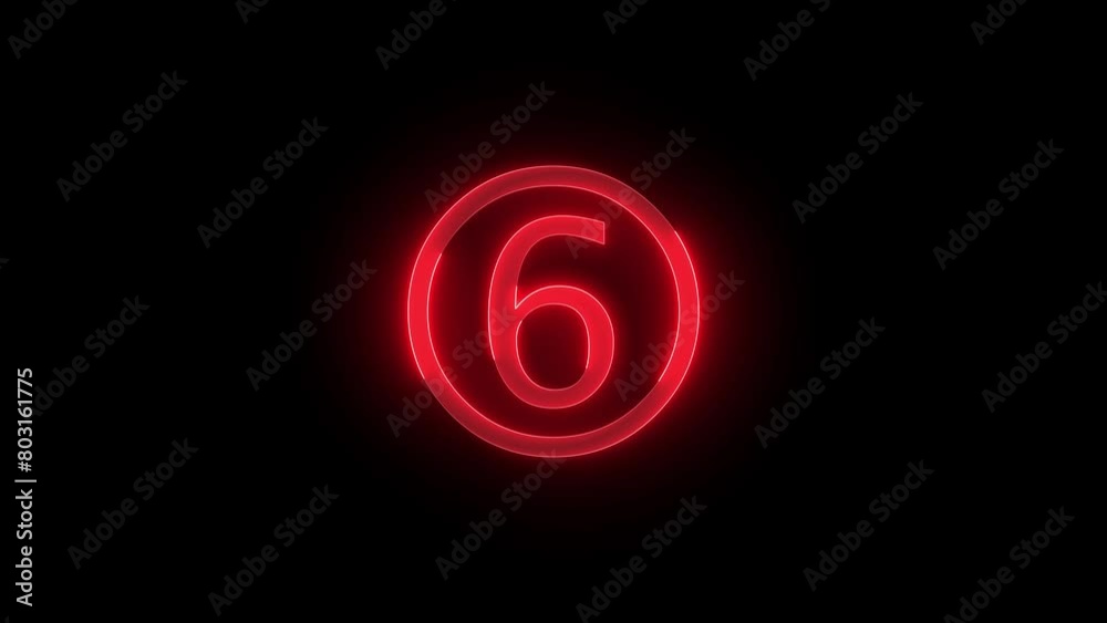Six number round circle icon glowing neon red color animation black background Six number round circle icon glowing neon red color animation black background